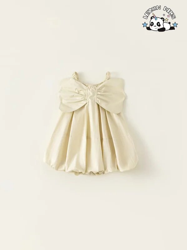 LEZONKIDS - New Product Idear Sweet Big Bow Wing Spaghetti Strap Customized Flower Kids Dresses for Girls